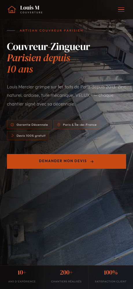 Aperçu mobile du site de Louis Mercier, couvreur-zingueur